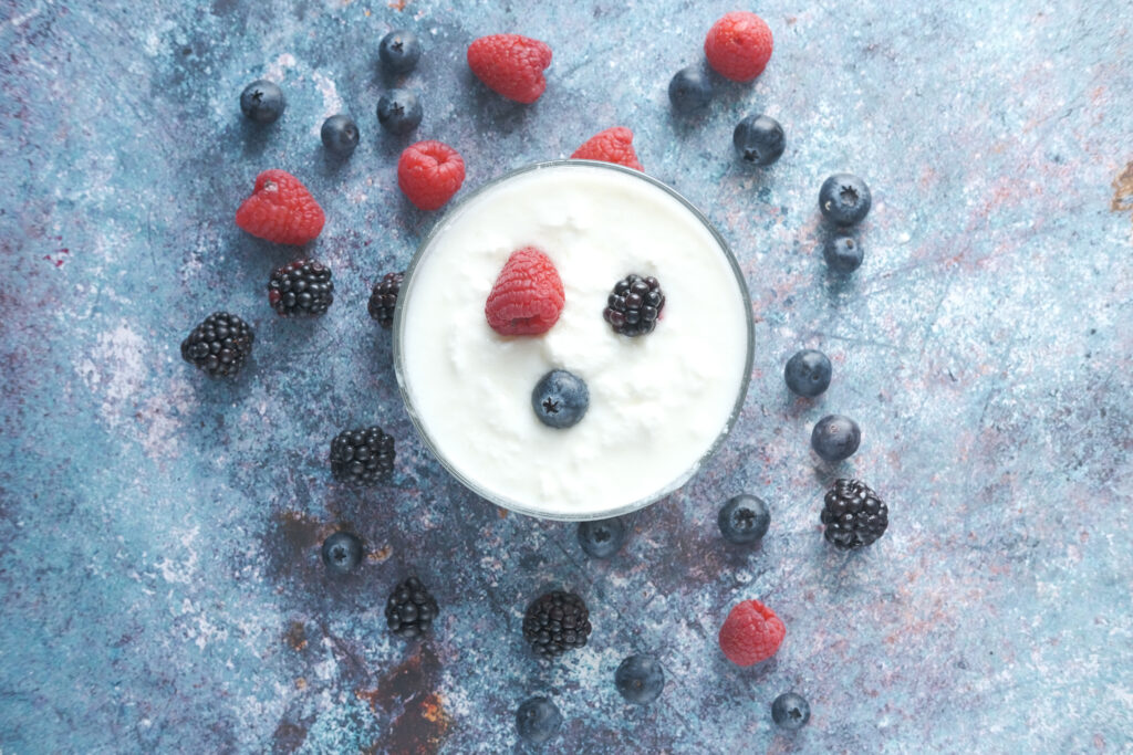 close up of fresh yogurt with blue berry in a bowl